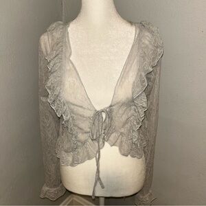 Urban Outfitters Gray Lace Tie-Front ruffle button up w/ ruffle cuffs top